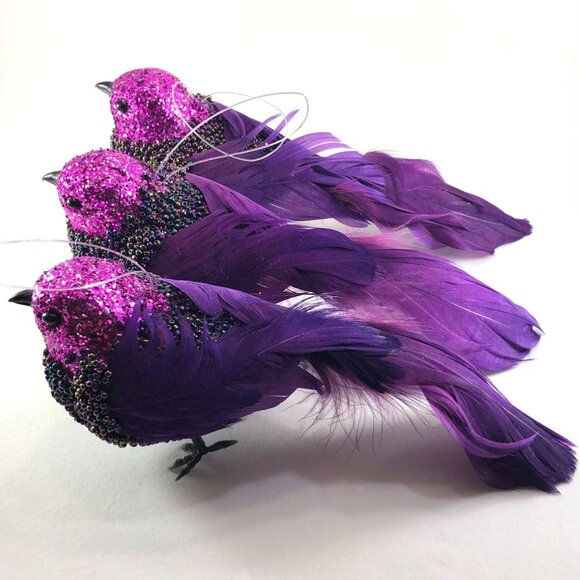 lot of 3 bird Christmas ornaments purple glitter seed beaded long feather tails - Picture 9 of 16